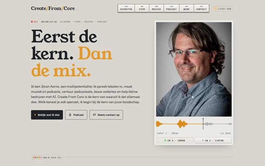 De homepage van Create From Core met de kop Eerst de kern. Dan de mix.