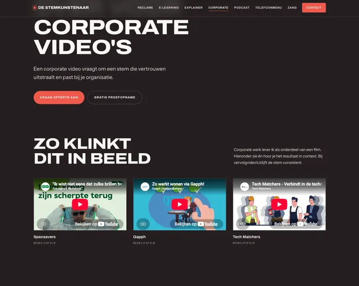 Pagina Corporate video's van De Stemkunstenaar met drie bedrijfsfilms