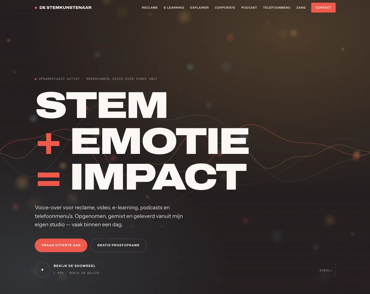 Homepage van De Stemkunstenaar met de kop Stem + emotie = impact